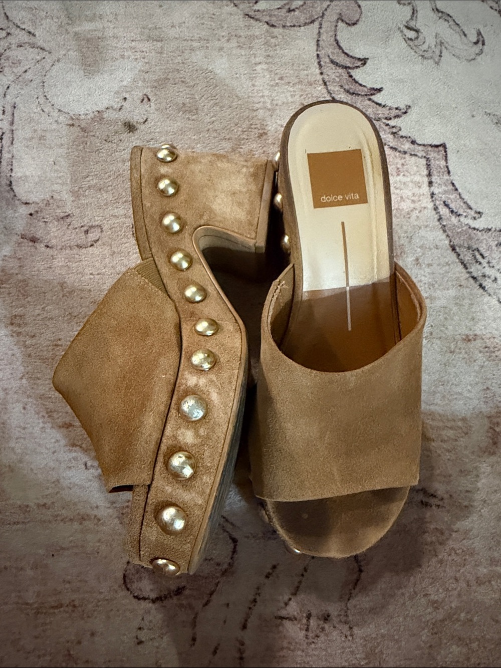 Dolce Vita Tan Suede Studded Platform Slide Mules